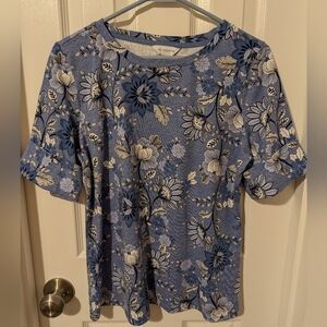 Liz Claiborne Blue Floral Cuffed Short-Sleeve Tee, Size L